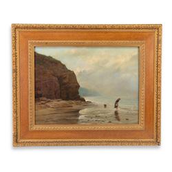 Arthur Hill (British 1841-1908): 'The Bathing Rock - Whitby', oil on canvas signed and dated 1877, original title label verso 44.5cm x 60cm 