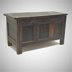  18th Century oak kist, hinged lid, heavily carved frieze, three panel front, stile supports, W122cm, H68cm, D54cm  