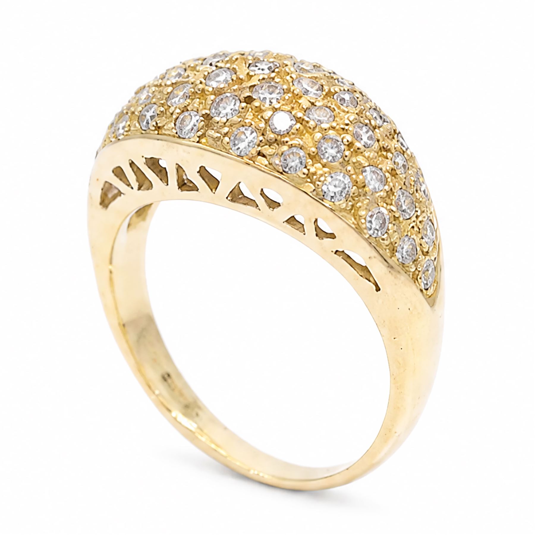 18ct gold diamond dome ring, pave set with round cut diamonds, London import mark 1989