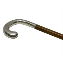 Swedish 1920s wooden walking cane, the curved silver mounted handle with personal engraving, marked for Guldsmeds Aktiebolaget, Sweden 1927, L90cm