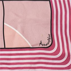 Hermès - ‘Hermès Sport’ silk scarf, designed by Anamorphée, first issued 2013, grey, burgundy, pink, blue and salmon colourway with hand-rolled edges