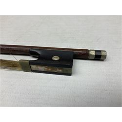 German copy of a Maggini violin c1900 with 35.5cm two-piece maple back and ribs and spruce top, bears label 'Maggini Deutsche Arbeit 1866' L59cm; in carrying case with bow