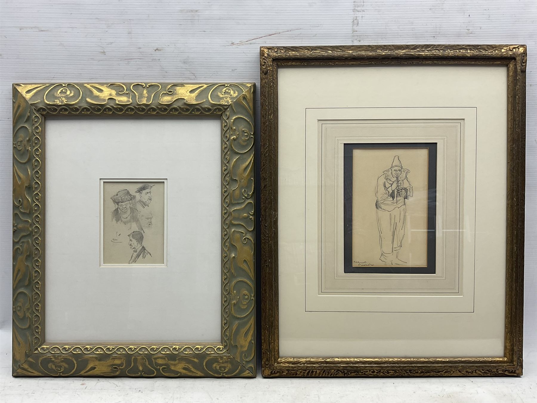 Malcolm Osborne CBE RA PPRE (British 1880-1963): Figure Studies, penceil unsigned, provenance verso 13cm x 9cm; Clifford Hall (British 1904-1973): The Clown 'Albert Procter', pencil titled unsigned, provenance verso 18cm x 11cm (2)