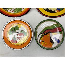 Seven Wedgwood limited edition Clarice Cliff Design plates, comprising Red Roofs, Blue Lucerne, Farmhouse, Orange House, Fantasque Mountain, Orange Roof Cottage and Orange Erin, all with certificates of authentication  