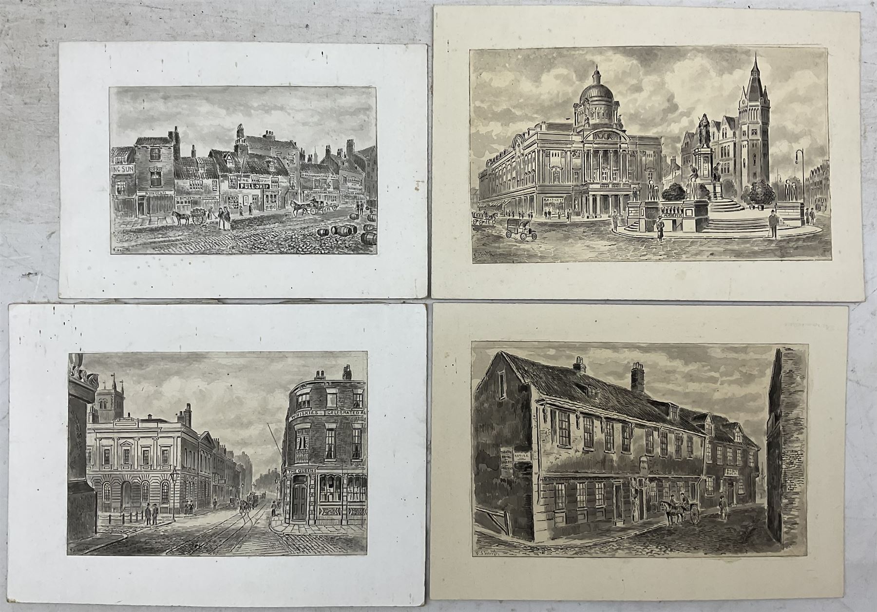 Frederick Schultz Smith (Hull 1860-1925): Hull Views, four monochrome watercolours and ink signed, max 14cm x 24cm (4) (unframed) 
Notes: Born in Worthing, Sussex in 1860, F S Smith came to Hull as a small child and lived most of his life in the old St. John's Wood area in west Hull; he was still drawing in his sixties shortly before his death in 1925. Much like his near contemporary and fellow Yorkshire artist Albert Thomas Pile (1882-1981), his drawings are visual 'snapshots' in time, often produced to record buildings that were due to be demolished. Smith was commissioned to produce around three hundred drawings for C E Fewster, a paint maker in Hull who collected historical records. Some were also used as illustrations in books and newspapers, such as the Eastern Morning News, whilst others were sold to the owners of premises which he had drawn.