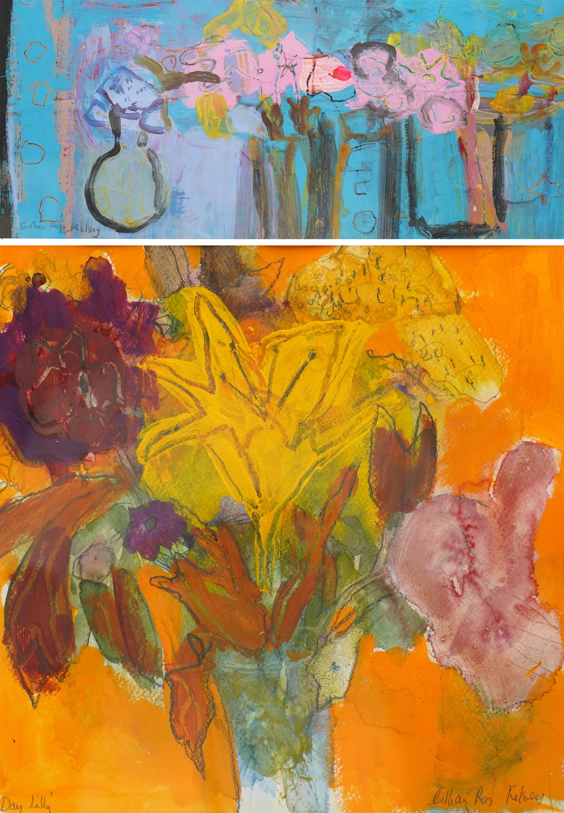 Gillian Ross Kelsey (British 1935-2025): 'Day Lilly' and 'Pinks', two mixed medias on paper signed and one titled in pencil, the other titled verso max 19cm x 44cm (2)