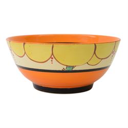 Clarice Cliff Fantasque Bizarre for Newport Pottery bowl, decorated in the Summerhouse pattern c.1931-1933, the exterior painted with stylised trees with yellow foliage and clouds bordered by black and orange bands, with black printed marks and impressed 1 1/2 beneath, D18.5cm