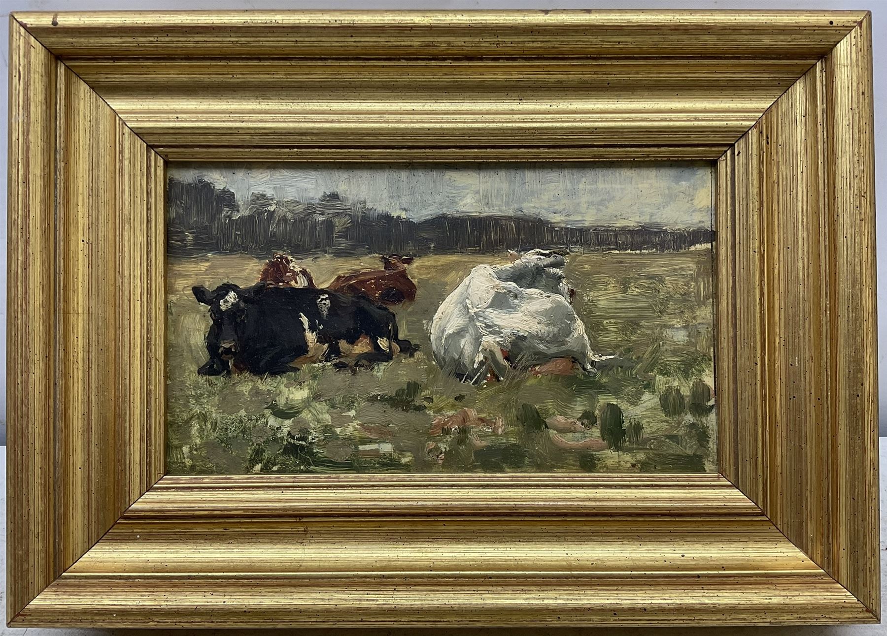 José Weiss (British 1859-1919): Cattle Resting, pair oils on mahogany panel, signed verso 13cm x 23cm (2)