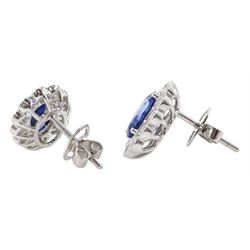 Pair of 18ct white gold milgrain set oval sapphire and round brilliant cut diamond stud earrings, total sapphire weight approx 3.40 carat, total diamond weight approx 1.20 carat
