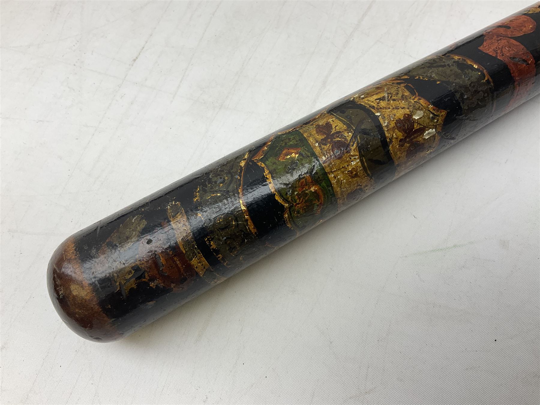 Victorian painted turned wood police truncheon by Field, dated 1851 painted in polychrome with the arms of Blackburn, including crest flanked by the date 18/51 and circumscribed BLACKBURN BOROUGH POLICE, stamped 'FIELD 233 HOLBORN'. L40.5cm. Auctioneer's Note: The borough of Blackburn received its Charter of Incorporation on 28 August 1851; together with two other unmarked turned wooden truncheons (3)