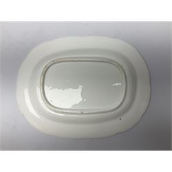 Three 19th century plates, comprising two circular examples and one oblong, each with osier moulded sides, the centres decorated in underglaze blue with Gillyflower type pattern, circular examples D25cm oblong example W27cm