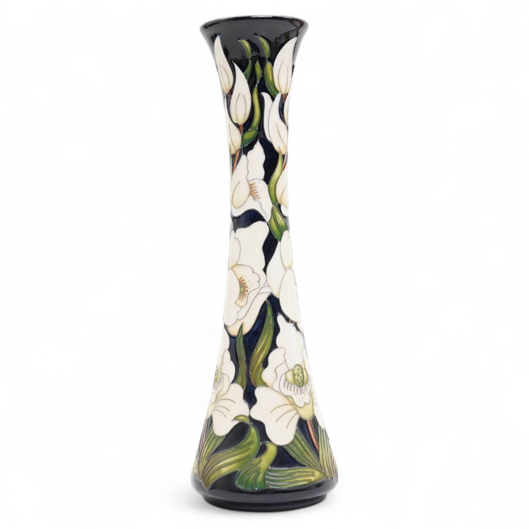 Moorcroft Buckingham Orchid pattern vase, of elongated waisted form, signed by Rachel Bishop, painted marks to base, H31cm 