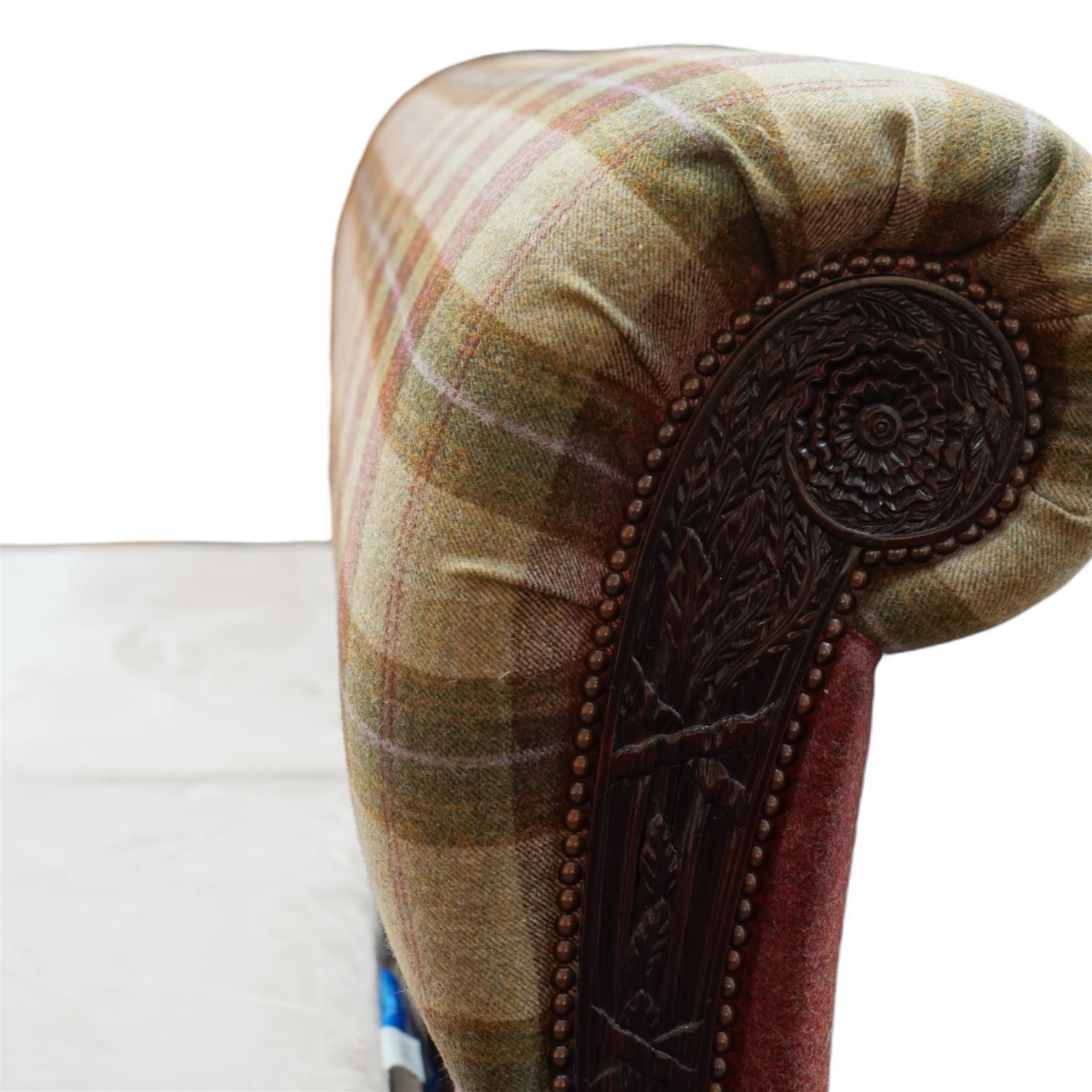 And So To Bed - Bonaparte Emperor 7' upholstered and classic Victorian design wood framed, upholstered in chequered pattern fabric with scroll-shaped headboard and footboard, upholstered side rails, with a faux suede divan together with a fitted Vispring Kingsbridge mattress, supported on cabriole legs 