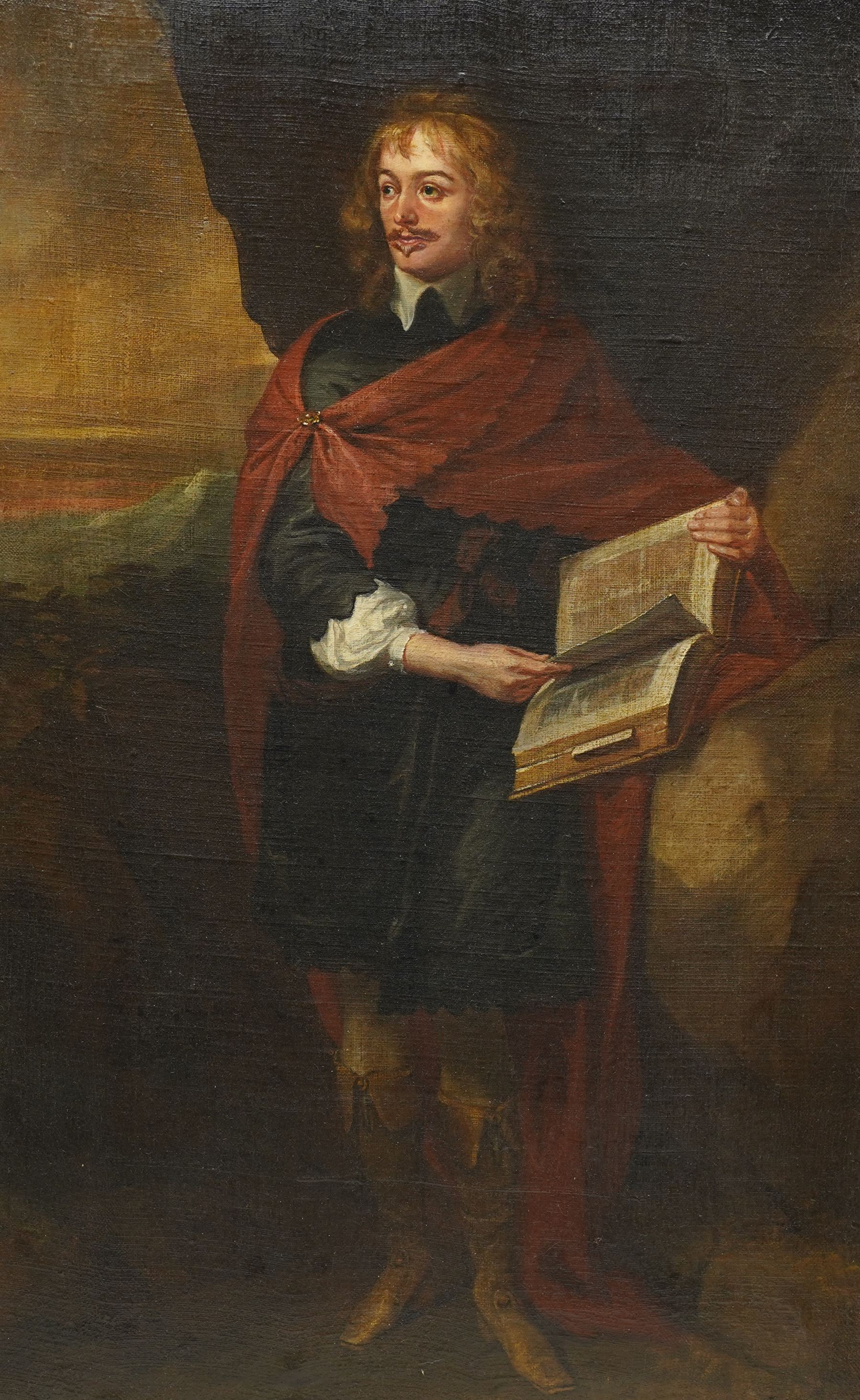Follower of Anthony van Dyck (Flemish 1599–1641) or Cornelis Janssens van Ceulen (Jonson) (Dutch 1593-1661): 'Portrait of Sir John Suckling as Hamlet' Holding a Shakespeare Folio, 17th/18th century oil on canvas extensively inscribed verso 55cm x 34cm
Notes: This painting represents the cavalier poet and dramatist Sir John Suckling (1608–1641) depicted in the theatrical guise of Hamlet, with a folio volume labeled 'Shakespeare' cradled in his arm. The costume echoes Royalist fashion, directly opposing the Puritan sensibilities of his day. The work may be a copy of a lost original by Anthony van Dyck, or by Cornelius Johnson (Sanders), a noted portraitist of the Stuart court. Annotations on the reverse suggest the portrait passed through the family of Lady Southcote, Suckling’s sister, and her husband Sir Thomas Lee.
Transcription verso (with illegible aspects removed) reads: .. the work of Cornelius Sanders. Sir John is depicted here... leaving his life as a player. With a folio book in hand, a paper between the leaves bears the title “Shakespeare.” He has achieved hair — and wears it in the flowing style so offensive to the roundheads of his day. He is dressed in close vestments, with a blue mantle fastened over the right shoulder by a gold button, and he wears calf boots of tanned leather — in the murkin fashion. The scene is nicely coloured and not overpoweringly dark as was too common in that day.
This fashion may possibly be over... Noted in his life among eminent men. In the house of Lady Southcote, wife of Suckling, the local tradition holds it to be what it was thought — a portrait in the character of Hamlet. A memento? The marriage of the Davies? Or his sister... with Sir Thomas Lee?
Sir John Suckling was born 1608 and died 1641. A delightful writer of what was once called “occidental verse.” He is rarely coarse, and his well-known “Ballad Upon a Wedding” has long been admired for its graphic description and bold expression. This lively effort in affectation was occasioned by the marriage of Lord Brockhill with the daughter of the Earl of Suffolk — perhaps alluded to in this portrayal.