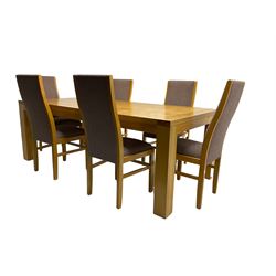 Large pippy oak rectangular dining table, square block leg, and six high back upholstered chairs, retailed by Chapmans of Newcastle