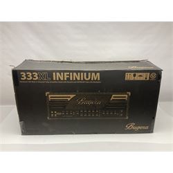 As new Bugera 333XL Infinium Hardcore 120-watt 3-channel tube amplifier head with reverb and Infinium tube life multiplier; date code 1507; number S1500576AAC L69cm; boxed with foot controller, power cable and paperwork