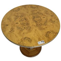 Art Deco design maple and cherry wood pedestal table, circular top with figured quarter matched veneers, mounted by chromed metal band, octagonal pedestal on circular platform base