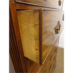  George III mahogany chest on chest, moulded projecting cornice, three short and six long graduating drawers, brass swan neck handles, shaped bracket supports, W111cm, H181cm, D55cm  