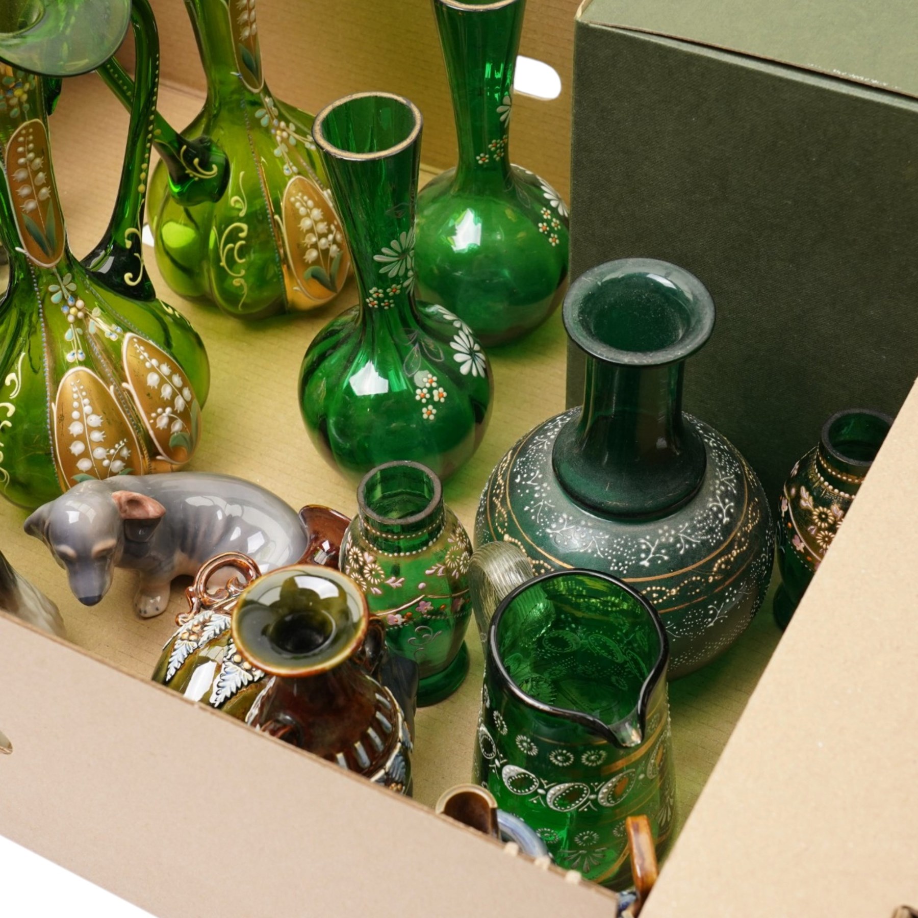 Collection of Victorian green glass, Doulton Lambeth, Beswick horse, Masons Ironstone in box, etc 