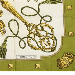 Hermes 'Les Clefs' silk scarf in green and gold colourway, designed by Cathy Latham, 86cm x 90cm 