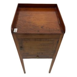Early 19th century mahogany bedside pot cupboard, raised gallery back, enclosed by single door with band above single drawer, square supports