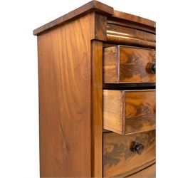 Late 19th century mahogany bow-front chest, fitted with banded cushion drawer with secret catch, above two short over three long graduating drawers, each cock-beaded with turned handles, lower moulded edge over turned feet