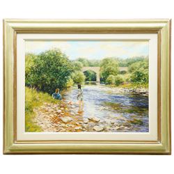 Leslie W Stones (British 20th century): 'A Day by the River', oil on canvas signed, titled verso 45cm x 60cm
