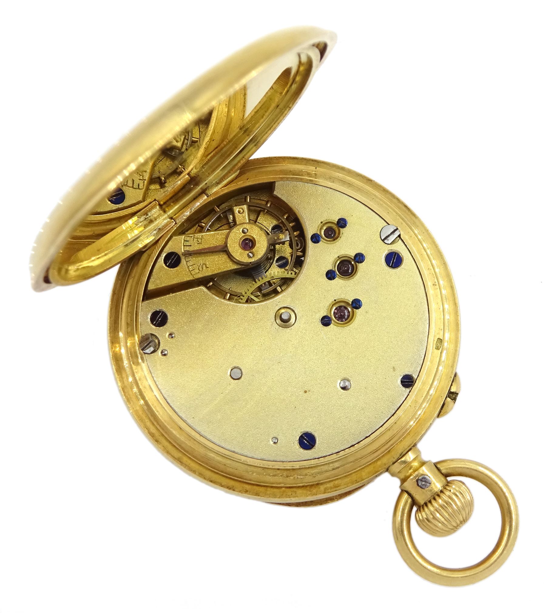 Swiss 18ct gold open face keyless cylinder fob watch, white enamel dial with Arabic numerals, back case No. 620122 with monogramed initials, stamped 18c with Helvetia hallmark