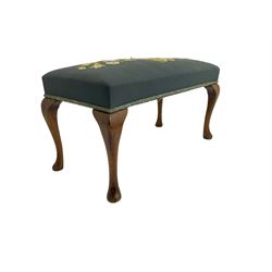 20th century beech rectangular stool, upholstered in blue fabric with raised needle work floral pattern