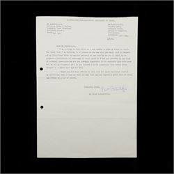 Signed Correspondence from Peter Sutcliffe (The Yorkshire Ripper) Concerning Bankruptcy and Victim Compensation, a collection of five signed letters from convicted serial killer Peter William Sutcliffe to his trustee in bankruptcy, relating to court-ordered compensation to his victims.
Notes: Comprising two typed and two handwritten letters from January–February 1988, signed “P. Wm. Sutcliffe,” discussing his bankruptcy discharge and expressing resentment over financial penalties. Includes a Times newspaper clipping (18 December 1986) on the related legal dispute involving Sutcliffe’s wife, Sonia, and the attempted forced sale of their home.
Addressed to Mr Roy Garthwaite, the appointed trustee in Sutcliffe’s bankruptcy. Written from Broadmoor Hospital, where Sutcliffe was held following his conviction for murdering 13 women and attempting to murder 7 others between 1975 and 1980.

Provenance: Consigned by the family of Roy Garthwaite. All documents are original; the typed letters are signed by Sutcliffe.