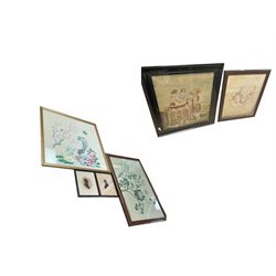 Large needlework depicting a family, together with three others and two silhouettes 