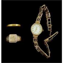 22ct gold wedding band, 9ct gold signet ring and a Rotary 9ct gold quartz wristwatch, on integrated 9ct gold bracelet