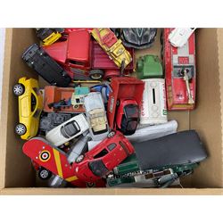 Collection of toys including tin aeroplane, airport crash truck, Majorette Cobra, Publix 'dairi fresh' van, Oxo van, hotwheels cars etc, in two boxes 