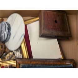 Brass easels, onyx box, frames, costume jewellery, pen nibs, etc, in two boxes