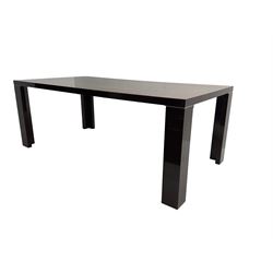 Large American walnut rectangular dining table on square block supports, together with set eight high back dining chairs with cream upholstered seats, the top and chair backs with matching inlaid geometric banding