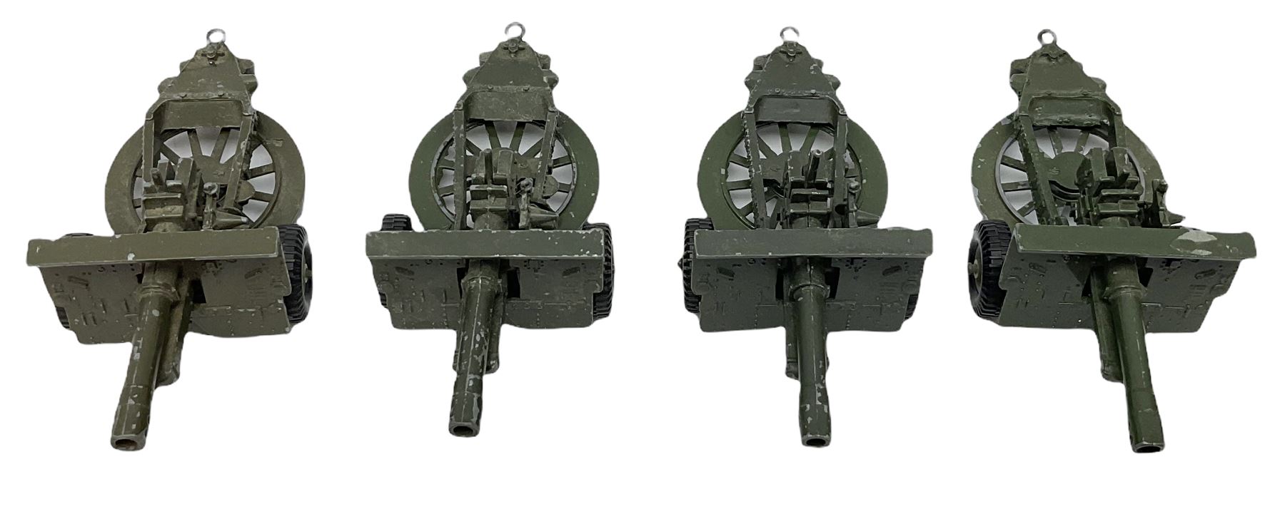 Various Makers - military vehicles comprising Schuco Kubelwagen and two Russian tanks, all boxed; and quantity of unboxed and playworn models including five Crescent Field Guns and Ammunition Limbers, Crescent Heavy Rescue Crane, Johilco Mobile Searchlight, Britains German Army BMW Combination, two Skybirds trucks etc; and a tin-plate armoured car.