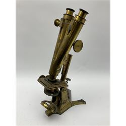 Victorian lacquered brass binocular microscope by R. & J. Beck with rack and pinion and fine focusing, stage fitted with direction adjusters above a plano/concave mirror, the main tube stamped 'R. & J. Beck 31 Cornhill London 5461' H39cm