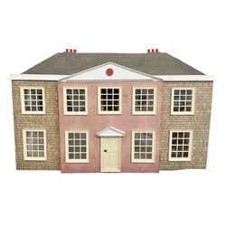 Modern scratch-built Palladian style wooden dolls  house as a 19th century double fronted two-storey property with simulated brick and stone walls under a removable simulated slate hipped roof; the triple hinged front elevation opening to reveal six rooms with central hall, stairs and landing L94cm H56cm D40cm