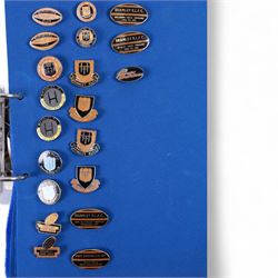 Rugby league enamel badge collection, from Barrow Raiders, Batley, Blackpool Panthers, Bradford Northern, Bradford Bulls, Bramley, Castleford, Catalan Dragons, Celtic Crusaders, Dewsbury Rams, Doncaster, Featherstone Rovers and Halifax, housed in two folders, (approximately 280)