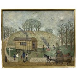 Gillian Beckles (Naive British School 1918-2016): 'Gypsy Camp', oil on canvas signed and dated 55cm x 70cm