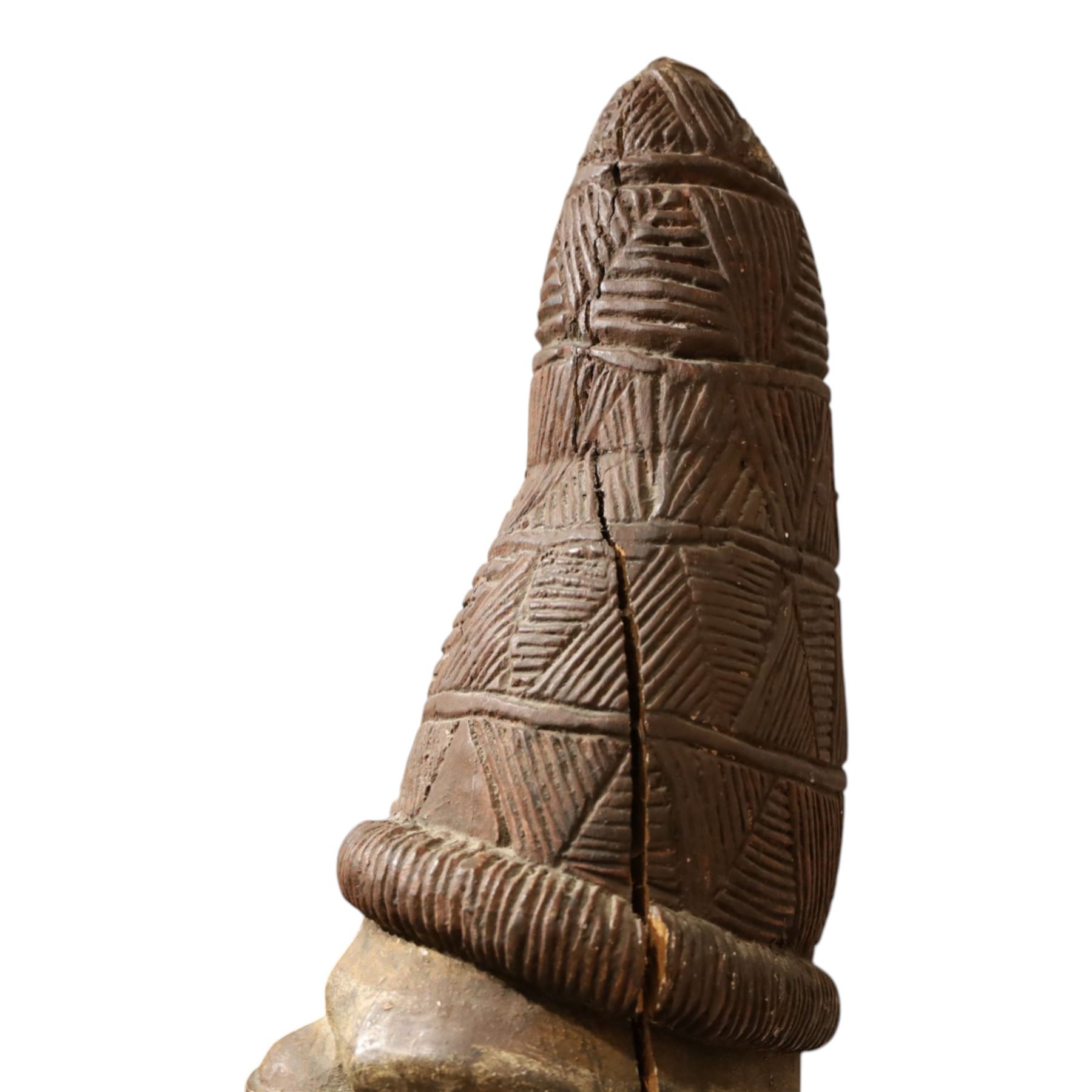 African tribal maternity figure of a woman with children, probably Yoruba, carved wood, the woman stood upon a craved mask, H133cm