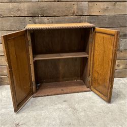 Whisky box, cast iron police sign, embossed brass wall hanging, two small oak cabinets