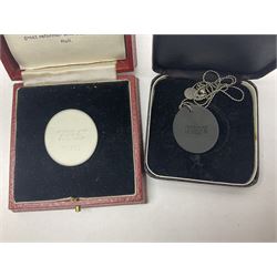 Group of William Wilberforce Abolition of Slavery items, comprising Wedgwood black on cane Jasperware pin tray, Wedgwood light blue Jasperware plate, and two Wedgwood oval medallion pendants, each depicting a kneeling figure beneath the inscription 'AM I NOT A MAN AND A BROTHER?', an Eastgate pottery plaque decorated in relief with a kneeling figure before William Wilberforce, a Hull Museum Publications pamphlet titled 'Medals, Tokens, etc., Issued in Connection with William Wilberforce and the Abolition of Slavery', by Thomas Sheppard, dated 1916, and an antique print depicting William Wilberforce after the original portrait by George Richmond, (7)