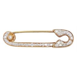 18ct rose gold milgrain set diamond safety pin brooch, stamped 750, total diamond weight 0.33 carat
