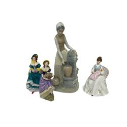 Nao figure, girl at water fountain no 0136, together with two Coalport figures and a Maruri figure (4)