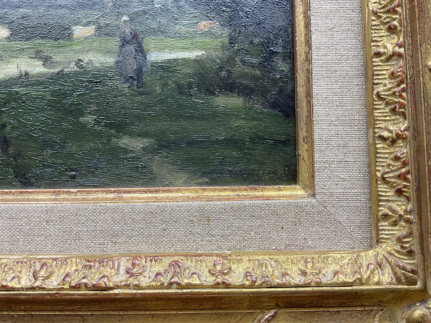 Stanislas Lépine (French 1835-1892): Figure by the Riverside, oil on canvas signed 19cm x 32cm