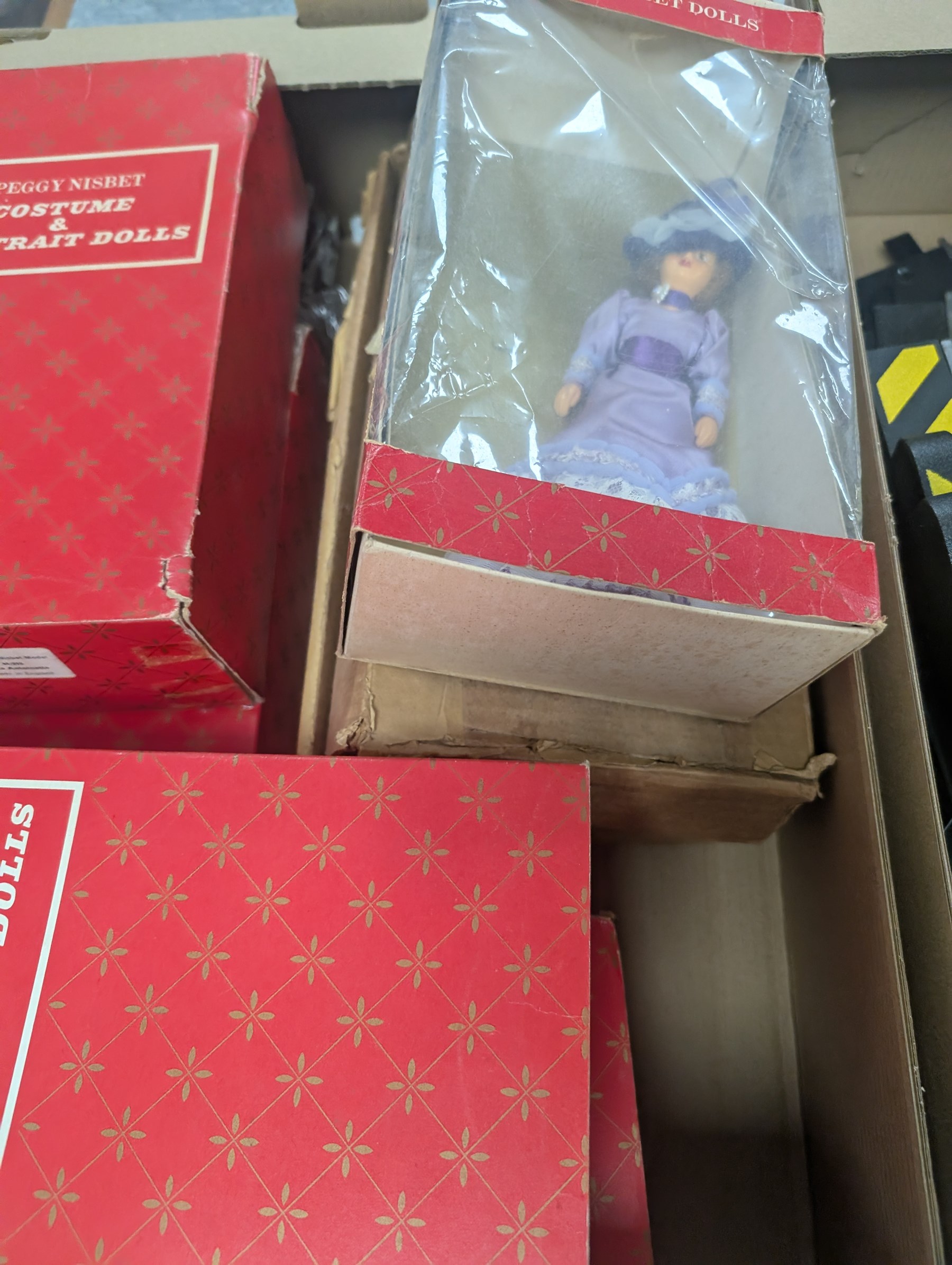 Scalextric Subaru Challenge set, boxed, collection of Scalextric track, building bricks, five Peggy Nesbit costume dolls
