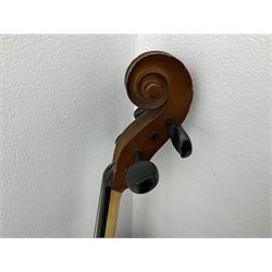 Modern Romanian student's three-quarter size cello with 70cm two-piece maple back and ribs and spruce top, bears label 'Musikinstrumentenfabrik Reghin Romania' L115cm overall