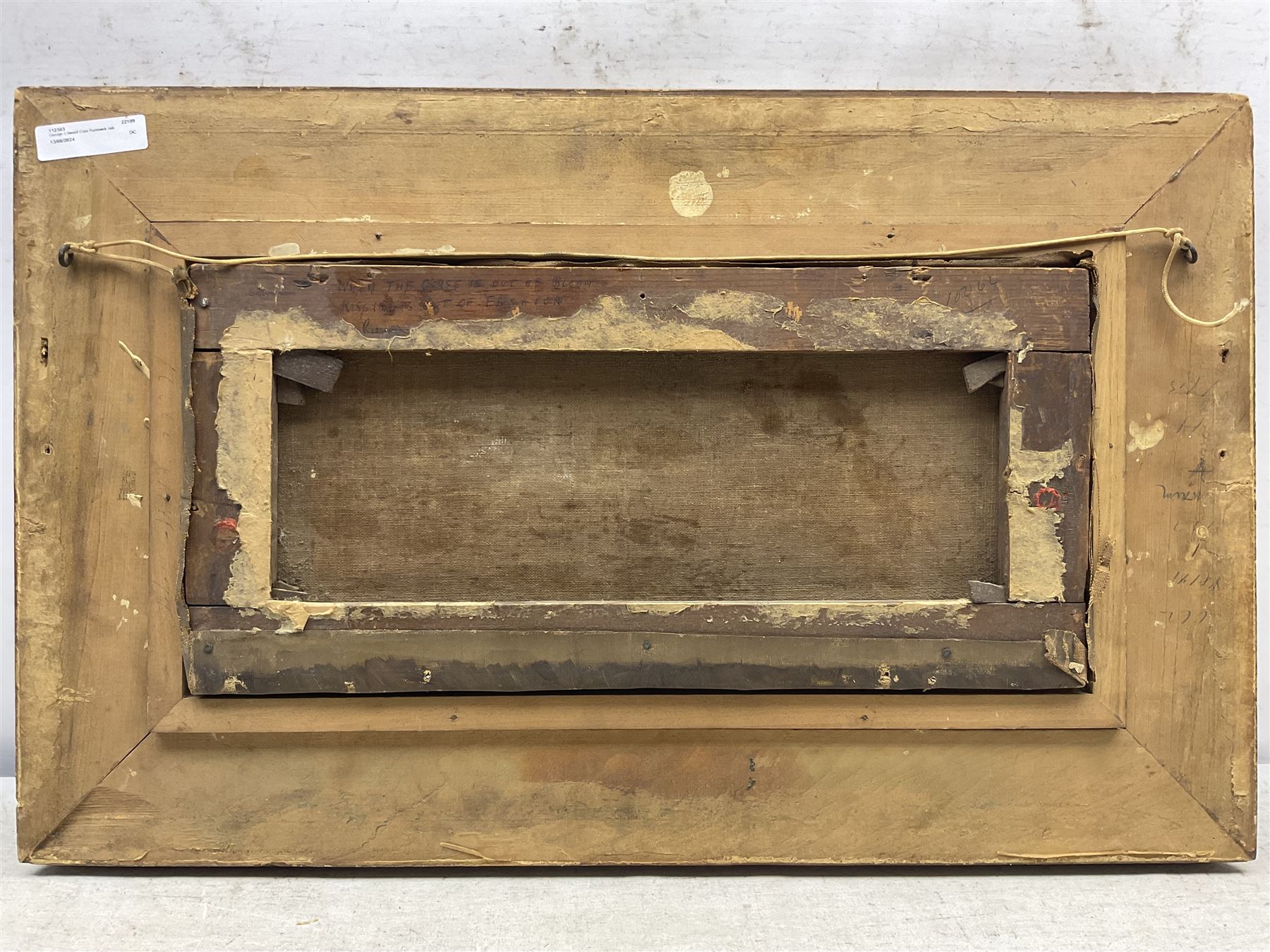 George Edward Cook (British 1844-1914): 'When the Gorse is out of Bloom, Kissing is out of Fashion - Runswick', oil on canvas signed and dated 1885, titled on the stretcher verso 20cm x 43cm