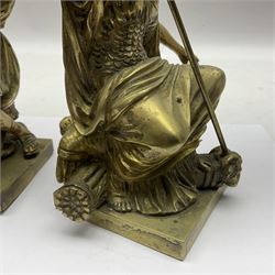 Pair brass grand tour style figures of Minerva and Mars, each on a square base, Minerva H18cm